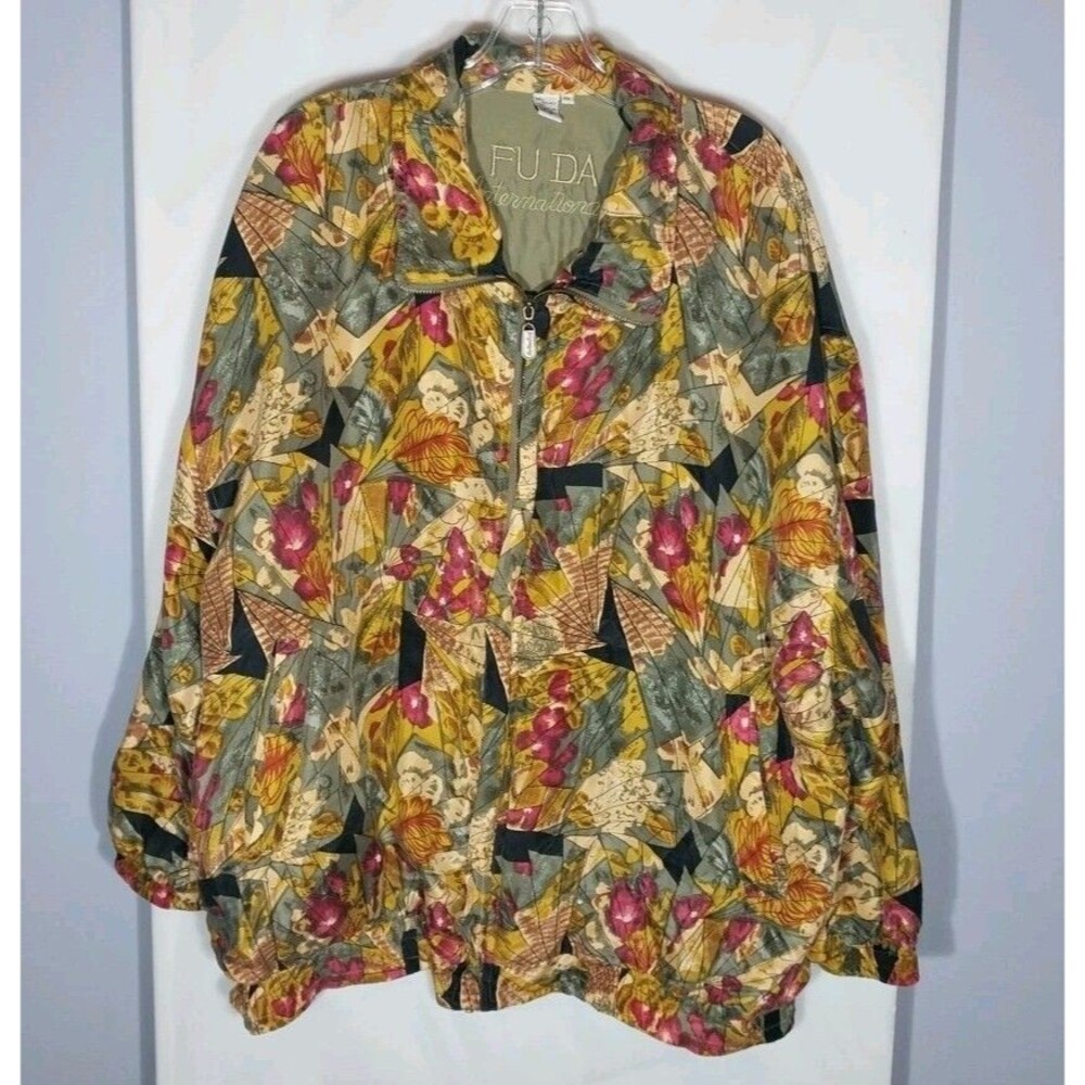 Vintage Fuda Silk Bomber Jacket 2X Abstract Floral 90s Boho Art Teacher Plus Sz